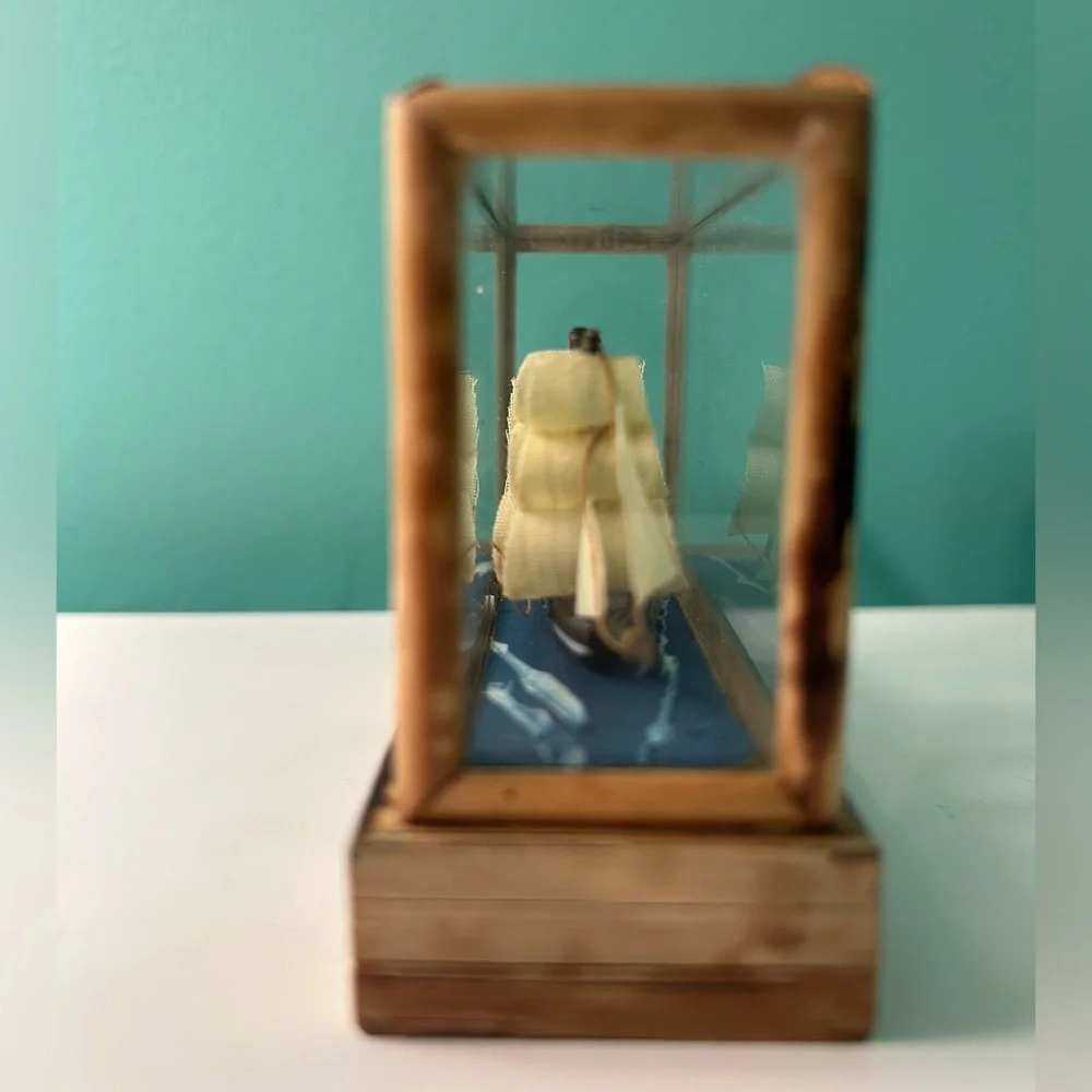 Vintage Miniature Wooden Ship in Glass Display Case - Picture 5 of 10